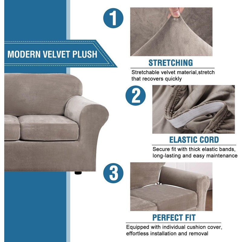 H.VERSAILTEX Real Velvet Plush 3 Piece Stretch Sofa Covers Couch