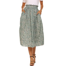 Boho Floral Skirts for Women Casual Long Skirt High Waist Pleated Summer Midi Skirt Green Floral Medium