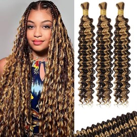 Ombre Highlight Human Braiding Hair for Boho Braids 100g 3 Bundles/Pack 20 Inch Curly Boho Hair for Braiding Knotless 12A Deep Wave Bulk Bohemian Color P4/27