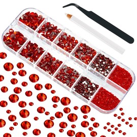 4010pcs Red Rhinestones Nail Gems Siam Red Round Flatback Stones 6 Sizes(1.6-6.1mm) to SS30 K9 Glass Non-Hotfix Ruby Red Nail Crystals Jewels Nail Art Nail Charms for Nails Eyes Face Makeup Crafts DIY