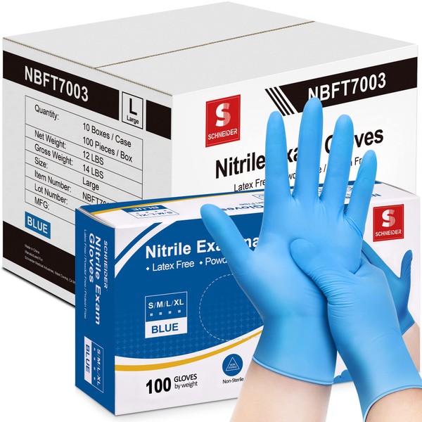 Schneider Nitrile Exam Gloves, 4mil, Blue, Large 1000-ct Case, Gloves Disposable Latex-Free, Medical Gloves, Cleaning Gloves, Food Safe Rubber Gloves for Cooking & Food Prep, Powder-Free, Non-Sterile