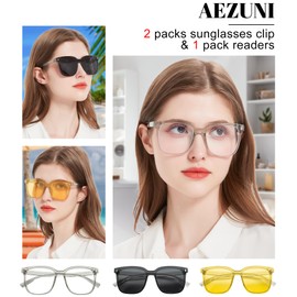AEZUNI 2 Pairs Clip On Sunglasses Colorful Clip On Blue Light Glasses for Women UV400 Protection Magnetic Eyeglasses(Grey)