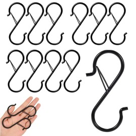12 PCS S Hooks for Hanging with Safety Buckle, Heavy Duty Metal S Shaped Hooks for Kitchen Utensil, Cups, Pots, Plants, Bags, Hats (Black)