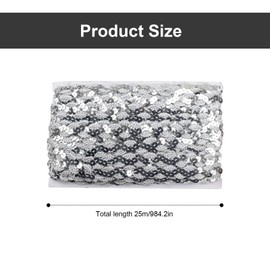 JANDH 25 m Sequin Ribbon Silver, Sequin Trim, Home Sequin Ribbon Glitter, Wavy Elastic Sequins for Stage Costumes, Curtains and Hats DIY (15 mm)