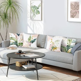 Bonhause Green and Pink Leaves Cushion Covers 40 x 40 cm Tropical Leaf Decorative Throw Pillow Covers Soft Velvet Pillowcases for Sofa Patio Garden Decor Set of 4