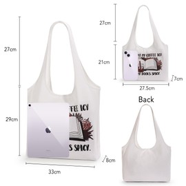 TIKONT - Bolsa de lona para mujer, reutilizable, estética, casual, para compras, para el trabajo en la playa, Book4, L