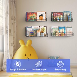 MFTEK Wall Mounted Metal Kids Bookshelf - Wall Book Shelf for Kids Rooms, Hanging Book Shelves Organizer for Room Decor, Nursery Classroom Home Floating Bookshelves Set of 4