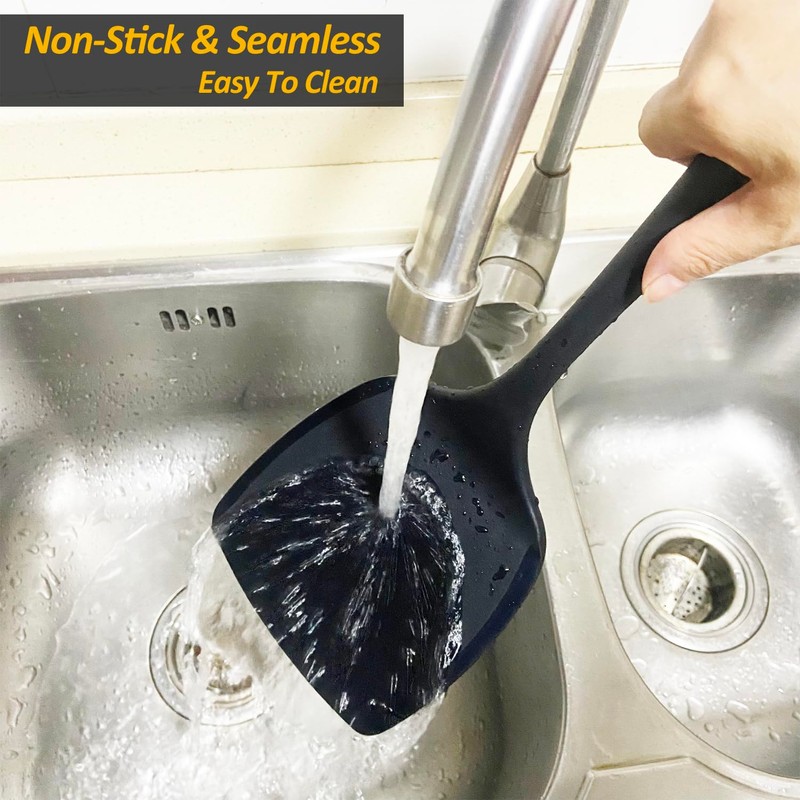 Silicone Pancake Spatula Turner with Lengthened Handle& Seamless Design, Heat