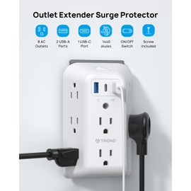 TROND Outlet Extender Surge Protector - 8 Outlet Splitter with 3 USB Ports (1 USB C), Multiple Plug Expander with ON/Off Switch, 3 Sided Multi Plug Wall Adapter Power Strip for Home Office Kitchen