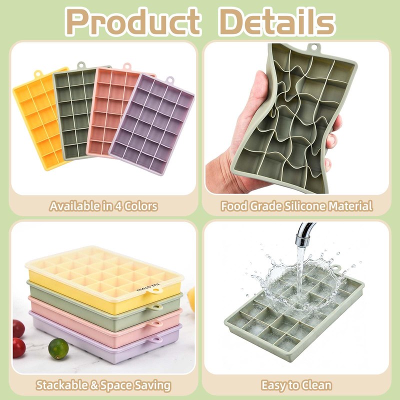 4Pc Silicone Ice Cube Tray with Lid, YUX-DTDSU Ice Cube