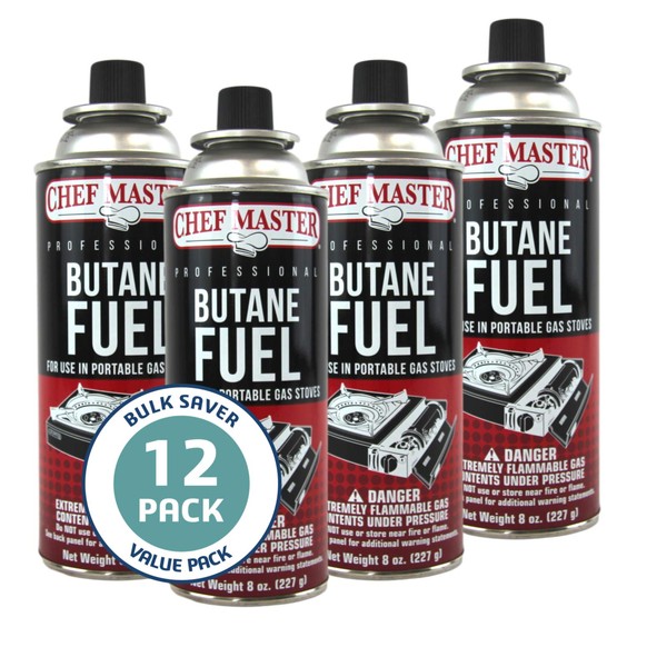 Chef Master 90340 | Pack of 12 Butane Fuel Cylinders| 8oz Butane Canisters for Portable Stove | Butane Torch Replacement Canisters