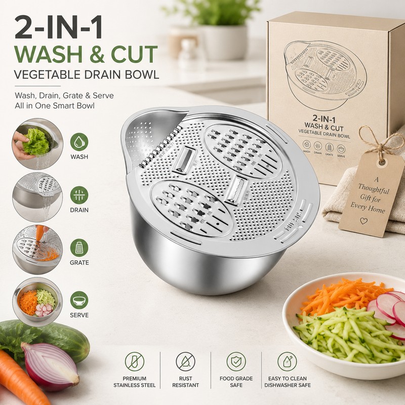 2-in-1 Stainless Steel Rice Washing Bowl with Grater – Side-Drain