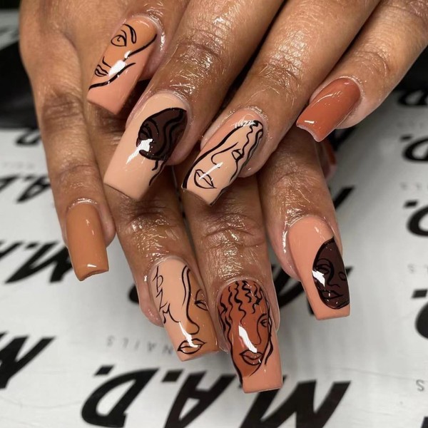 BABALAL Long Square Press on Nails Brown Fake Nails Abstract