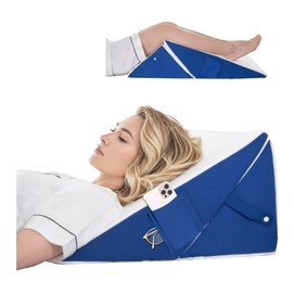 jakoola Bed Wedge Pillow for Headboard Sleeping, Adjustable 9 & 12 Inch Wedge Pillow for Back, Leg Support, Memory Foam Wedge 7-in-1 Triangle Elevated Pillow for Bed, Blue & White