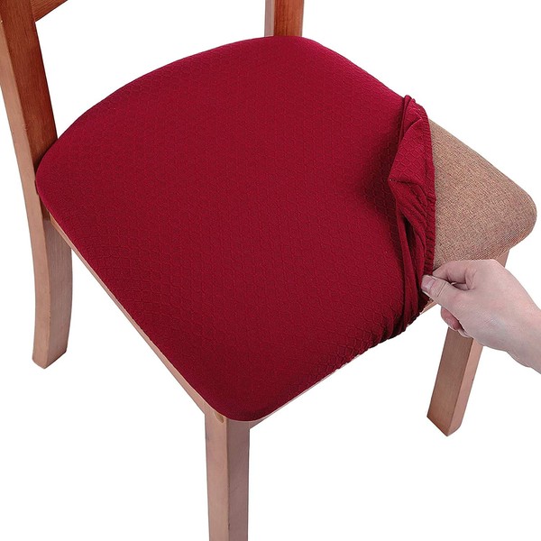 Homaxy Stretch Jacquard Dining Chair Seat Covers Set of 4, Removable Washable Anti-Dust Dining Room Chair Seat Cushion Slipcovers with Ties, Burgundy