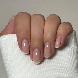 Glazed Donut White French Tip Press on Nails Short Oval, SXVME Nude Brown French Chrome Nail Press ons, Aurora Glue on Nails Short Round, Reflective Shiny Acrylic Nail for Women Daily Wear