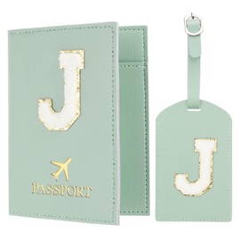 PATIKIL Passport Holder for Travel, Initial Passport Cover and Luggage Tag Set with Alphabet Chenille Letter Patch Travel Wallet Bag Suitcase Identifier for Women Family Travel Green J