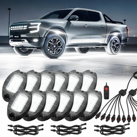 12 Pods Pure White LED Rock Lights, IP68 Waterproof Aluminum 6500K Bright White Underglow Light with Extension Cord Harness,12V Metal Fender Lights for Jeeps Trucks Off Road UTV ATV Car Golf RV Etc