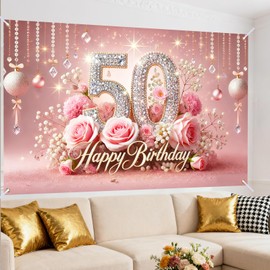 Nuxovilar 50th Birthday Banner - Elegant Pink & Gold Floral Backdrop with Glitter "50" Sign, 71x43 Inch Large Party Decor for Women & Men, Reusable Indoor/Outdoor Hanging