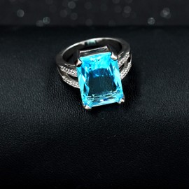 Uloveido Platinum Plated Emerald Cut Simulated Large Blue Topaz Women's Rectangular Birthstone Engagement Ring Y925 (Size 7)