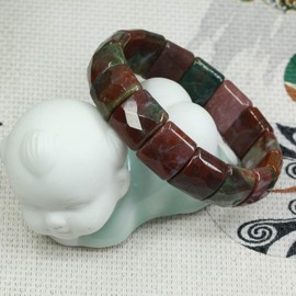 Keleny Natural Red Heliotrope Bloodstone 15mm Square Grain Faceted Beaded Stretchable Crystal Bangle 7.5 Inch Unisex