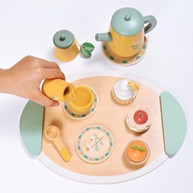 MONT PLEASANT 15pcs Wooden Tea Set for Little Girls, Toddler Tea Set Pretend Play Kitchen Accessories, Yellow Tea Party Set Kids Wooden Toys Playset Gift Play Food Toy with Cakes and Biscuits