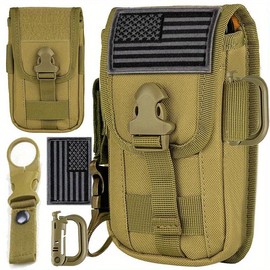 Phone Holster Pouch, Gadget Waist Bag Molle Attachment Belt Holder Bag with US Flag Patch and water bottle buckle for 4.7"-6.7" Phone - Color: Khaki