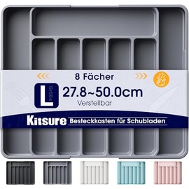 Kitsure Drawer Cutlery Tray - Adjustable Drawer Insert Made of BPA Free Material, Multi-Purpose Drawer Organiser, Kitchen Organiser, Large, Grey, 34.90 x 28.40 x 4.00 cm