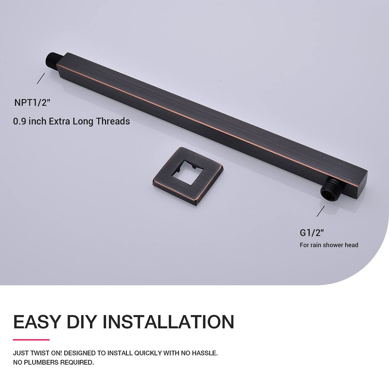 Square Shower Arm with Flange 16 Inch Wall Mounted Rainfall