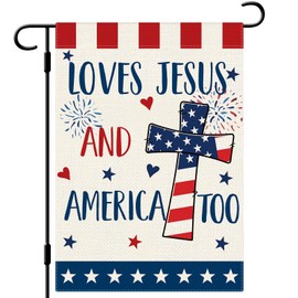 DLZDN 4th of July Garden Flag 12×18 Inch Loves Jesus and America Too Double Side Vertical Burlap Farmhouse Yard Flag Independence Day Memorial Day America Outdoor House Decoration