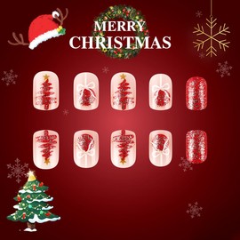 Glitter Christmas Tree Press on Nails Short Square Fake Nails Christmas Light Ball Bow Acrylic Nails Full Cover Bling Bling Stick on Nails Reusable New Year Christmas False Nails for Women Girls 24Pcs