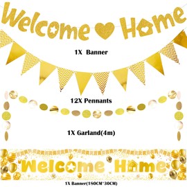 Welcome Home Banners Decorations Gold - Welcome Banner Bunting 4m Circle Dot Garland Party Supplies, Glitter Banner for Baby Shower Family Back Party Decoration