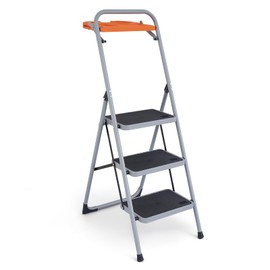 MoNiBloom 3 Step Ladder with Tool Tray, Folding Stools for Adults with Wide Anti-Slip Pedals and Handgrip, Portable Iron Step Ladder for Home Office, 330 lbs Capacity