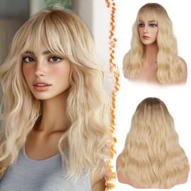 BARSDAR 46 cm Curly Wavy Blonde Wig with Fringe, Wavy Medium Long Wig with Fringe for Women Shoulder Length Hair Wig Synthetic Heat Resistant Wig Cosplay Party - Ombre Blonde