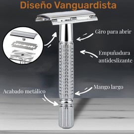 Shoonlo Rastrillos para Afeitar Hombre Clasico, Rastrillo de Seguridad con 10 Navajas para Afeitar Doble Filo, Rastrillo Acero Inoxidable con Mango Largo, Estuche- Suave, Preciso y Limpio (Plata)