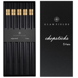 GLAMFIELDS 5 Pairs Premium Chopsticks Reusable Dishwasher Safe 9.5 Inch Fiberglass Chop Sticks Gift Set Non Slip Black+Gold