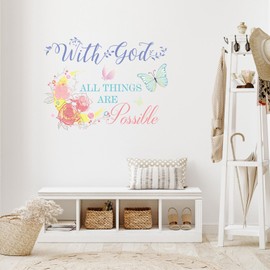 Colorful Bible Verse Wall Decals, with God All Things are Possible Wall Decor, Vinyl Inspirational Wall Quotes Stickers 20.8 x 15.7 Inch, Flower Butterfly Wall Decal for Bedroom, Living Room