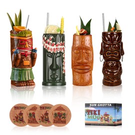 SUN GKOTTA Cocktail Tiki Mugs Set Of 4 - Exotic Mug With 4 Coasters And 4 Straws，Cute Ceramic Hawaiian Style Cocktail Glasses For Party And Tropical Tiki Bar，Mai Tai Cocktail Drinkware
