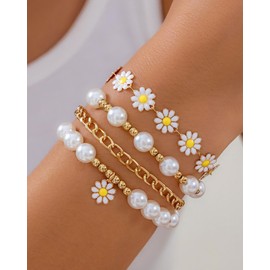 LANWLOSI Layered Daisy Bracelets for Women Gold Daisy Pearl Bracelets Stackable Boho Sunflower Chainlets Spring Summer Jewelry Gifts for Her