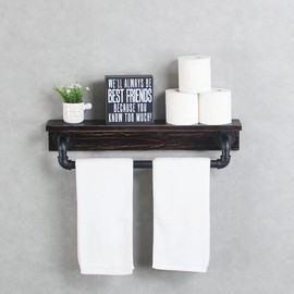 MBQQ Industrial Pipe Shelf,Rustic Wall Shelf with Towel Bar,24" Farmhouse Towel Racks for Bathroom,Floating Shelves Wall Mounted Home Decor Wooden Shelving,Retro Black