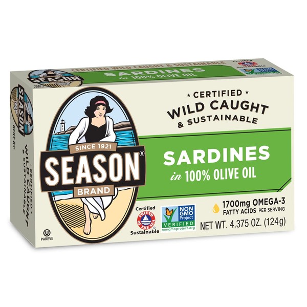 Season Sardines in Olive Oil – Wild Caught, 22g of Protein, Keto Snacks, More Omega 3's Than Tuna, Kosher, High in Calcium, Canned Sardines – 4.37 Oz Tins, 12-Pack