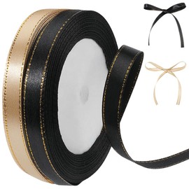 CABODYALS 2 Rolls 44M 10mm Champagne Black Satin Ribbon with Gold Edge Thin Polyester Soft Silk Golden Border Trim Ribbons Bulk for Sewing Making Crafts Gift Wrapping Bouquets Wedding Supply
