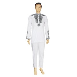 HD Men's Embroidery African Attire Traditional Dashiki Top and Pants 2 Pieces White Wedding Suit 2XL