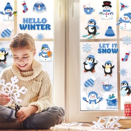 Whaline 40Pcs Winter Thick Gel Clings Snowman Penguin Snowflake Window Gel Decals Reusable Cute Hello Winter Window Clings for Home Classroom Nursery Christmas Party Supplies Gift, 2 Sheets