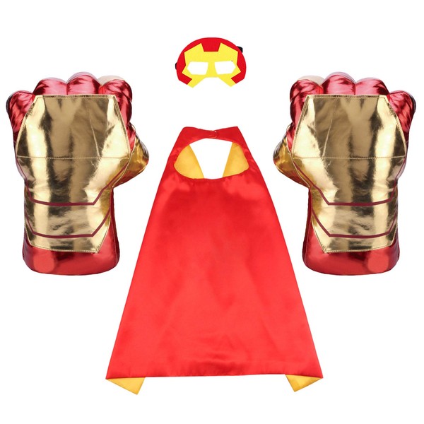 Toydaze Kids Superhero Cape & Plush Gloves Hands Fists Set, Superhero Birthday Party Pretend Play Dressup, Superhero Costumes, Red/Gold Mix