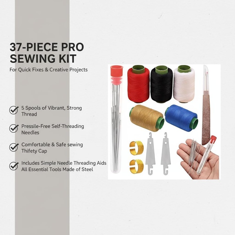 37Pcs Sewing Tool Set, Steel Sewing Needle Kit, Threader and
