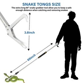 Greeily Snake Grabber Tool, 68" Snake Tongs for Rattlesnake Heavy Duty Professional Reptile Tongs Extra Long with Wide Jaw Handling Tool Stainless Steel Tube Sponge Handle (68inch (black))