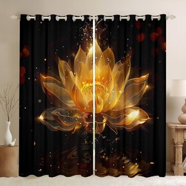 jejeloiu Golden Lotus Flower Curtains for Bedroom Living Room Twin Size Kids Golden Black Darkening Window Drapes for Boys Girls Teens Zen Spa 30%-50% Room Blackout Curtain Floral Window Treatments