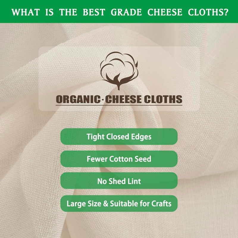 Organic Cheese Cloths, GOTS Certified, Grade 100, 36 Sq Feet,