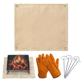 KASTANNY Fireproof BBQ Mat Set – 3-Piece Outdoor Grill Fire Mat with Heat-Resistant Gloves & Ground Pegs, 40"x40" Patio, Deck & Lawn Protection, Tent Stove Blanket, Portable Fire Safety Pad